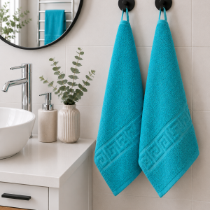 Prosop Bumbac 500g/mp 50x90cm Greek Border Turcoaz - Calitate Hotel 5 Stele