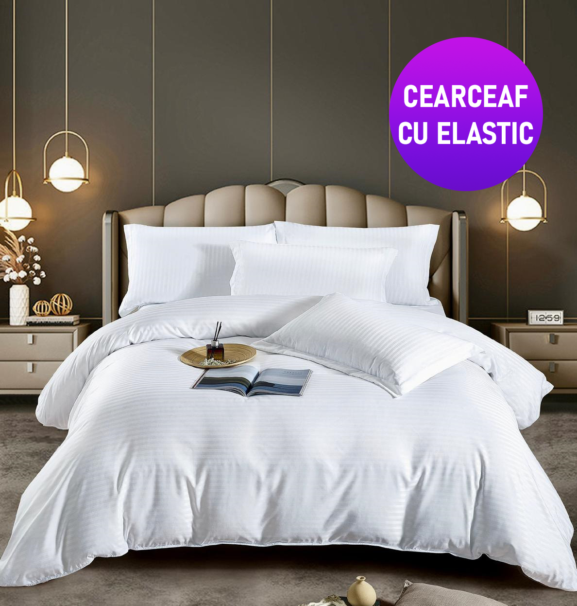ELASTIC-alb.jpg-1 Lenjerie King Size Cu Elastic Damasc Finet 6 Piese Alb - Confort Suprem Si Design Elegant - imagine 1