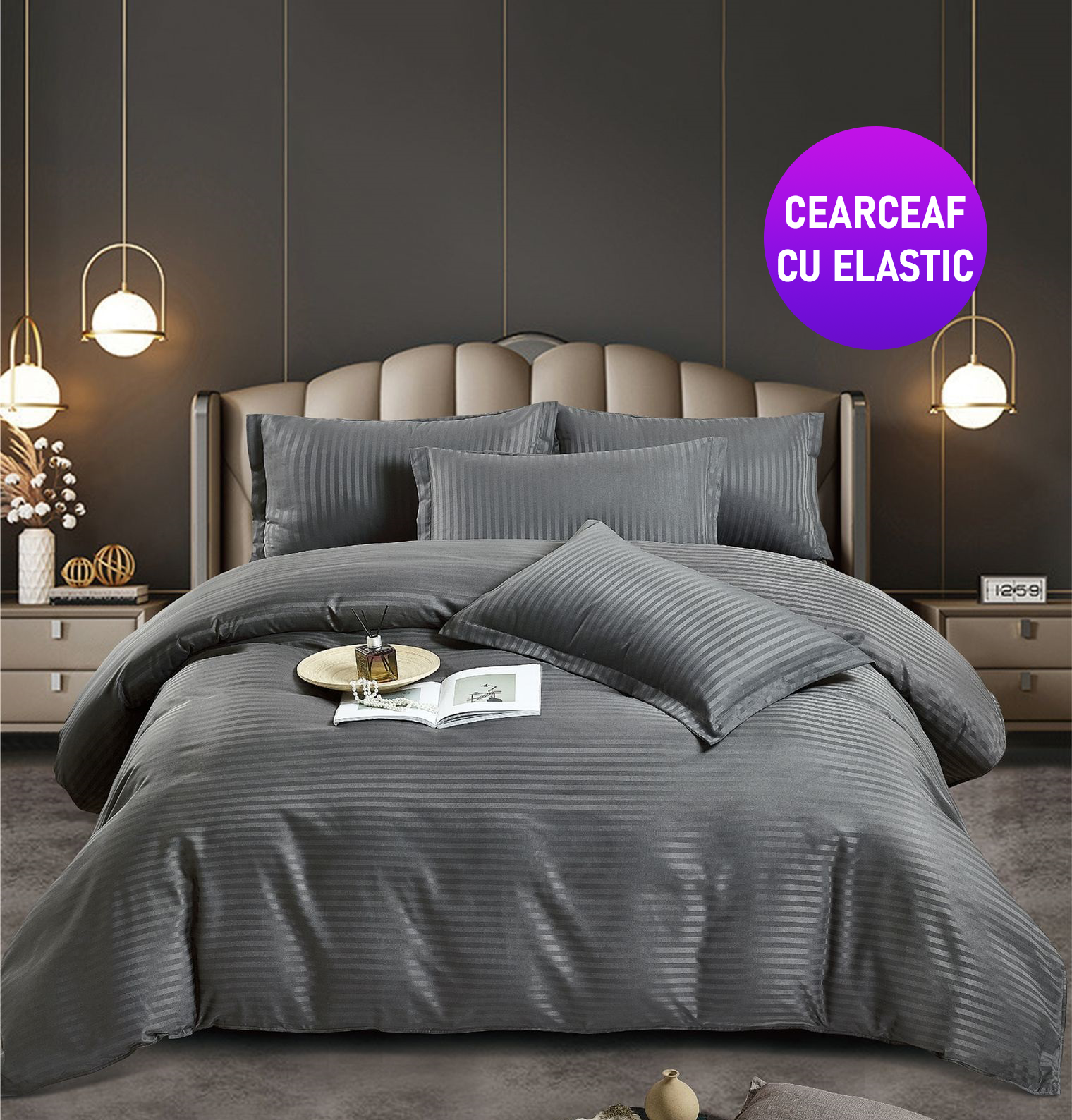 ELASTIC-antracit-1 Lenjerie King Size Cu Elastic Damasc Finet 6 Piese Antracit - Confort Suprem Si Design Elegant - imagine 1