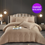 Lenjerie King Size Bej cu Elastic Damasc Finet 6 Piese - Confort și Eleganță în Dormitor