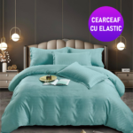 Lenjerie King Size Cu Elastic Damasc Finet 6 Piese Bleu - Confort Suprem Si Rafinament Elegant
