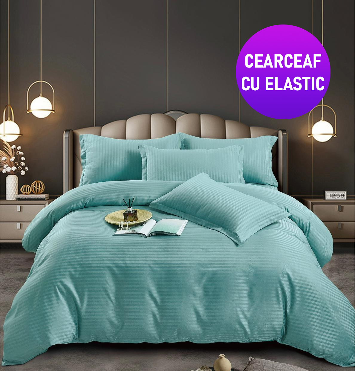 ELASTIC-bleu-1-1 Lenjerie King Size Cu Elastic Damasc Finet 6 Piese Bleu - Confort Suprem Si Rafinament Elegant - imagine 1