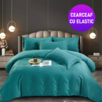 Lenjerie King Size Cu Elastic Damasc Finet 6 Piese Turcoaz - Confort Suprem Si Design Elegant