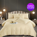 Lenjerie King Size Cu Elastic Damasc Finet 6 Piese Crem - Confort Suprem Si Design Elegant
