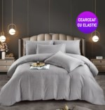 Lenjerie King Size Cu Elastic Damasc Finet 6 Piese Gri - Confort Suprem Si Design Elegant