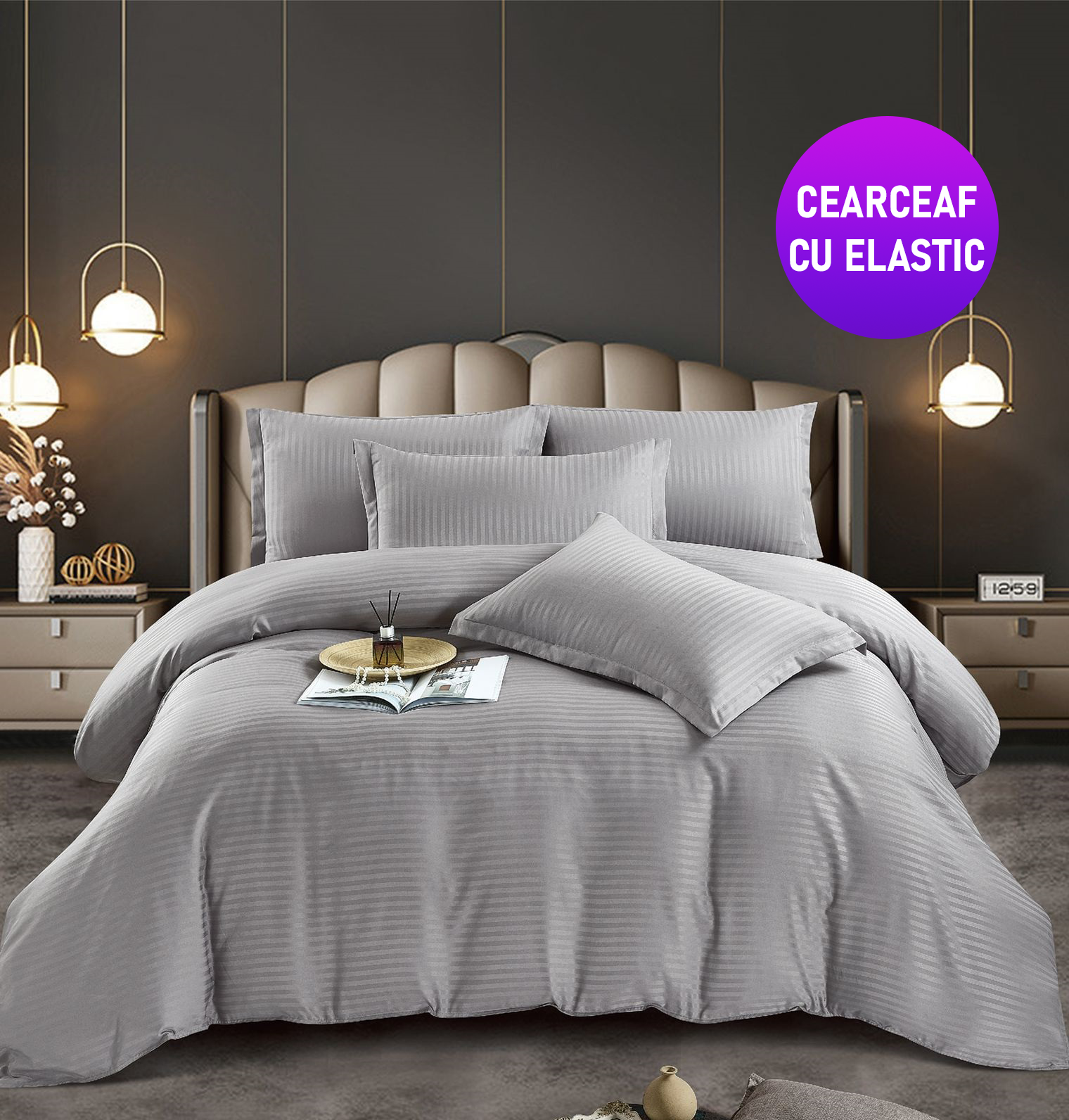 ELASTIC-gri-1 Lenjerie King Size Cu Elastic Damasc Finet 6 Piese Gri - Confort Suprem Si Design Elegant - imagine 1