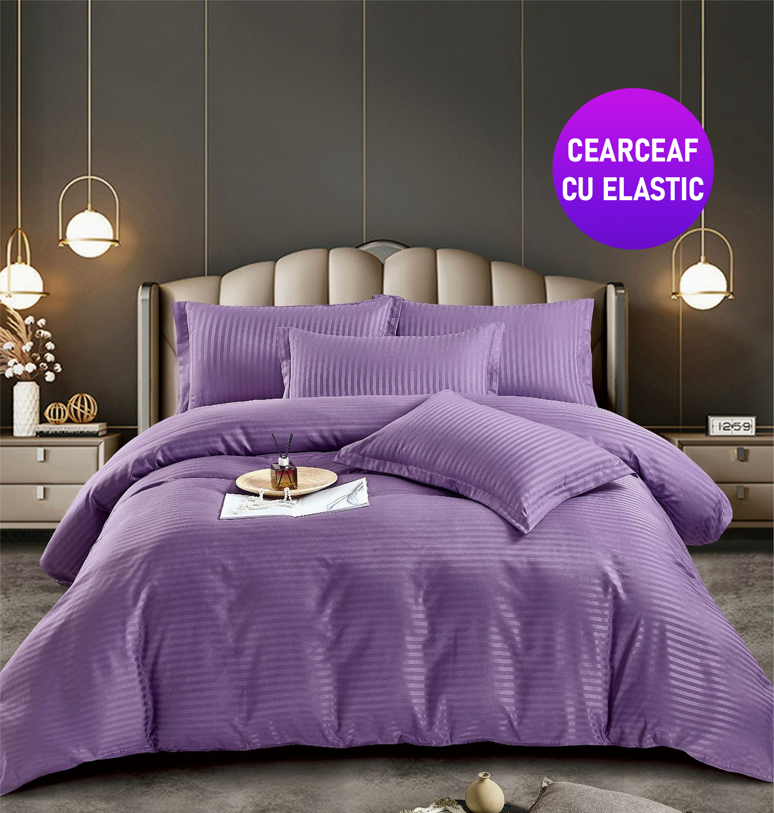 ELASTIC-mov-1 Lenjerie King Size Cu Elastic 6 Piese Mov Damasc Finet - Confort Si Stil Elegant - imagine 1