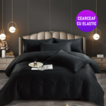 Lenjerie King Size Cu Elastic Damasc Finet 6 Piese Negru - Confort Si Eleganță În Dormitor