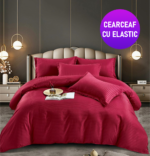 Lenjerie King Size Cu Elastic Damasc Finet 6 Piese Rosu - Confort Suprem Si Stil Elegant