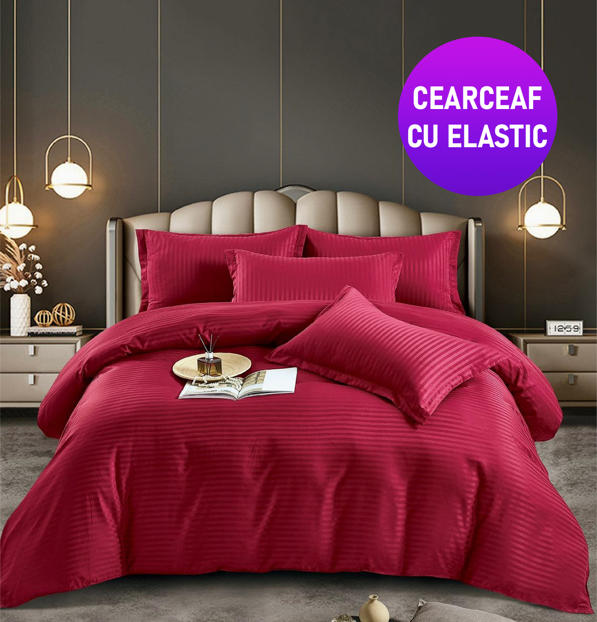 ELASTIC-rosu-1 Lenjerie King Size Cu Elastic Damasc Finet 6 Piese Rosu - Confort Suprem Si Stil Elegant - imagine 1