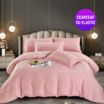 Lenjerie King Size Cu Elastic Damasc Finet 6 Piese Roz - Confort Si Stil Elegant
