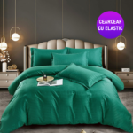 Lenjerie King Size Cu Elastic Damasc Finet 6 Piese Verde - Confort Suprem Si Design Elegant