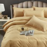 Lenjerie King Size Cu Elastic Damasc Finet 6 Piese Cappuccino - Confort Si Stil Elegant - imagine 3