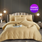 Lenjerie King Size Cu Elastic Damasc Finet 6 Piese Cappuccino - Confort Si Stil Elegant