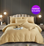 Lenjerie King Size Cu Elastic Damasc Finet 6 Piese Cappuccino - Confort Si Stil Elegant