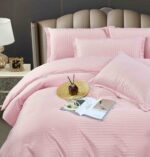 Lenjerie King Size Cu Elastic Damasc Finet 6 Piese Pudra - Confort Superior Si Design Elegant - imagine 2