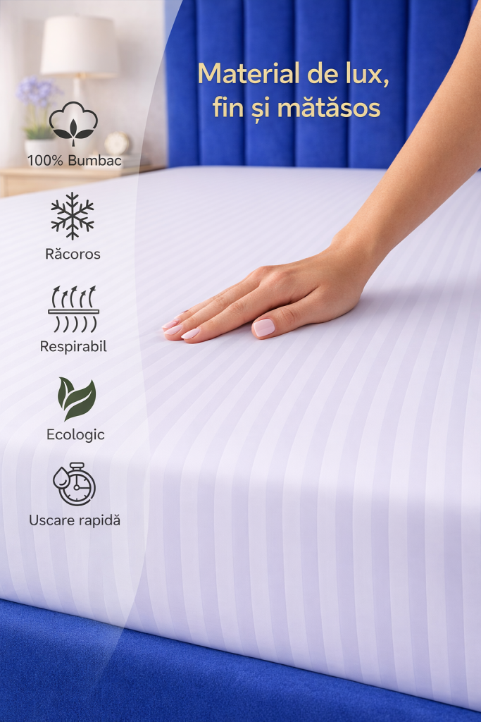 Cearceaf Pat cu Elastic 140x200cm Damasc Bumbac, Dunga 2 cm 1 lenjerie DAmasc