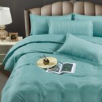 Lenjerie King Size Cu Elastic Damasc Finet 6 Piese Bleu - Confort Suprem Si Rafinament Elegant - imagine 3