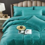 Lenjerie King Size Damasc Finet 6 Piese Turcoaz - Confort Suprem si Design Elegant - imagine 2