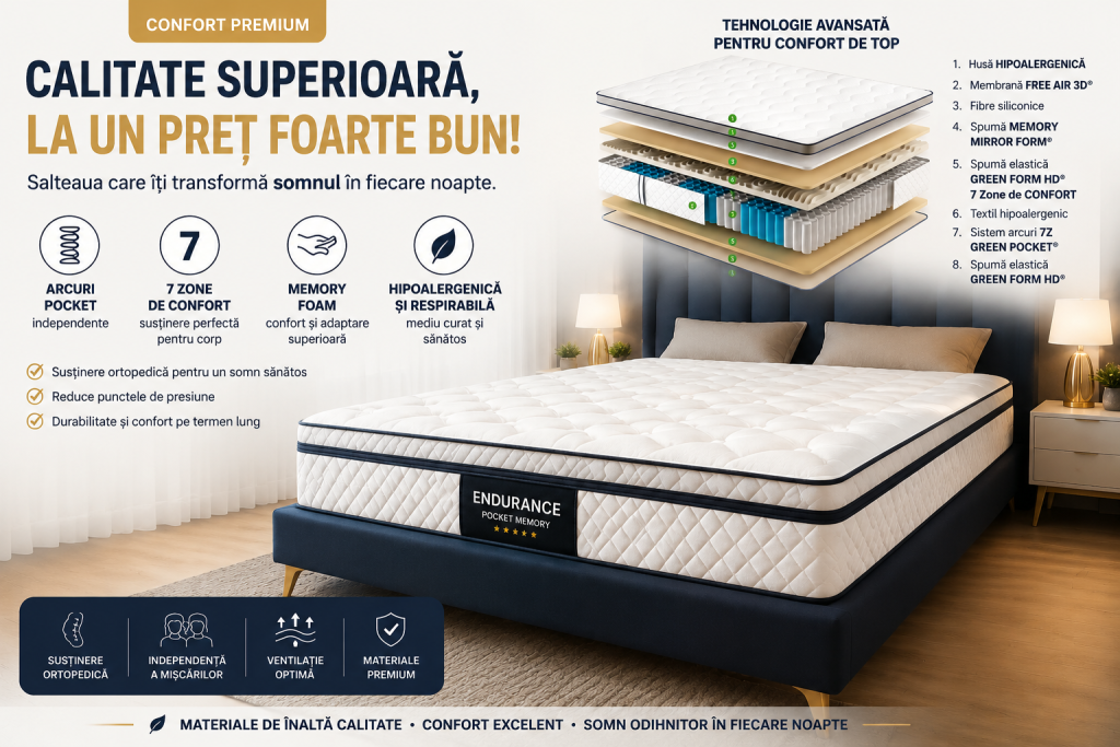 Saltea Green Future Hotel Line Memory Pocket 7 Zone 160x200x30 cm cu Confort Ortopedic si Husa Hipoalergenica