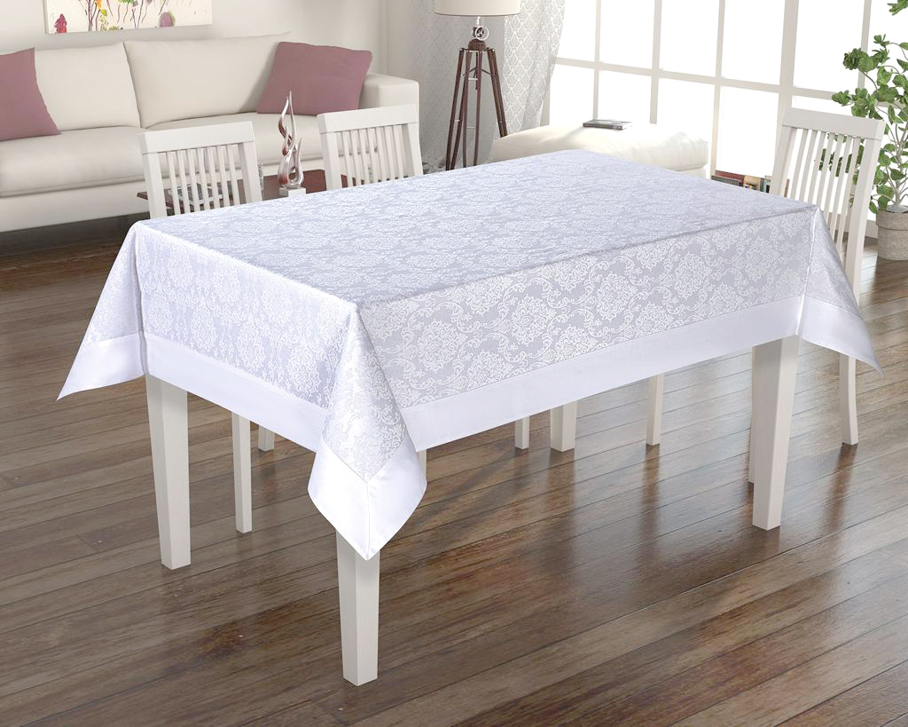 fata-masa-bumbac-pc-alb-160 Fata De Masa Jaquard Damasc Deluxe Alb 160x220cm Bumbac 50% PES Ambalaj Elegant - imagine 1