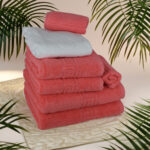 Set prosoape hotel Greek Border 100% bumbac pakistanez coral de calitate superioară. Acest set conține 7 piese care oferă o
