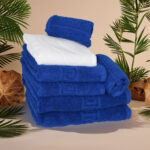 Set Prosoape Hotel Greek Border 100% Bumbac Pakistanez Royal Blue - 7 prosoape absorbante cu agățătoare pentru baie, ideale