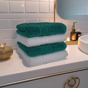 Set 4 prosoape de lux 50x90 cm, 100% bumbac pieptănat, ultra-absorbante, Alb & Verde Smarald – PremiumSleep.ro
