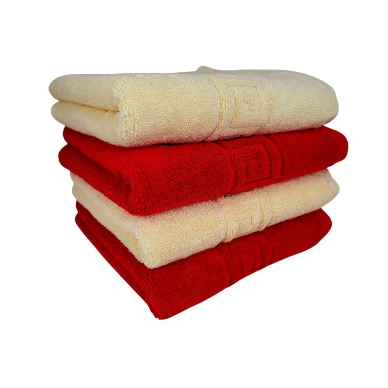 Set 4 prosoape de lux Roșu & Ivoire 50x90 cm – PremiumSleep.ro Set 4 prosoape de lux 50x90 cm, 100% bumbac pieptănat, ultra-absorbante, Roșu & Ivoire – PremiumSleep.ro