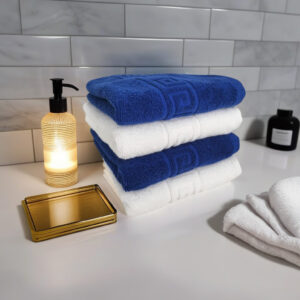 Set 4 prosoape de lux 50x90 cm, 100% bumbac pieptănat, ultra-absorbante, Royal Blue & Alb – PremiumSleep.ro