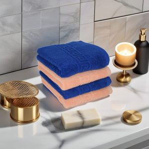 Set 4 prosoape de lux 50x90 cm, 100% bumbac pieptănat, ultra-absorbante, Royal Blue & Peach – PremiumSleep.ro