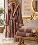 Set Halat baie NB Maro Premium L/XL brodat cu 2 prosoape 50×90 cm si 70×140 cm - imagine 2