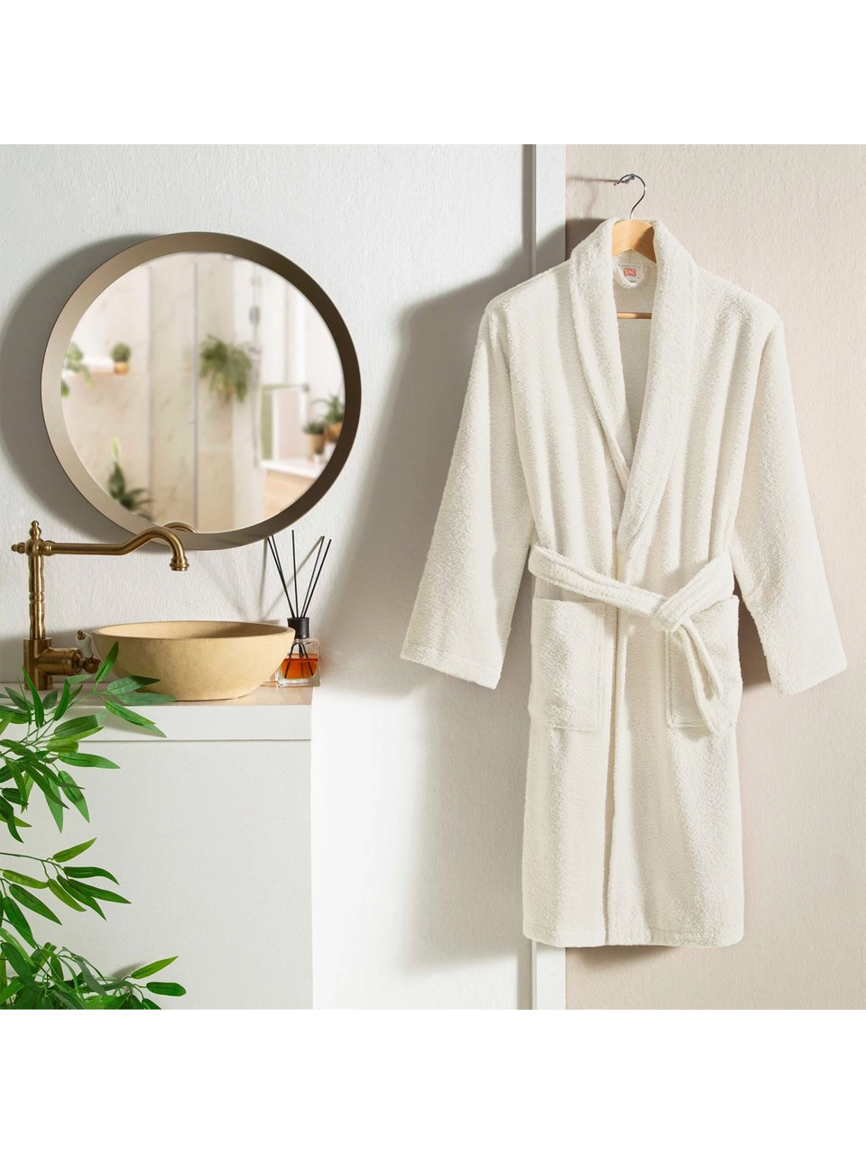 halat-baie-din-bumbac-salyako-basic-ecru-tac-detaliu Halat Baie Bumbac Natural Ecru TAC – Confort și Eleganță Acasă - imagine 1