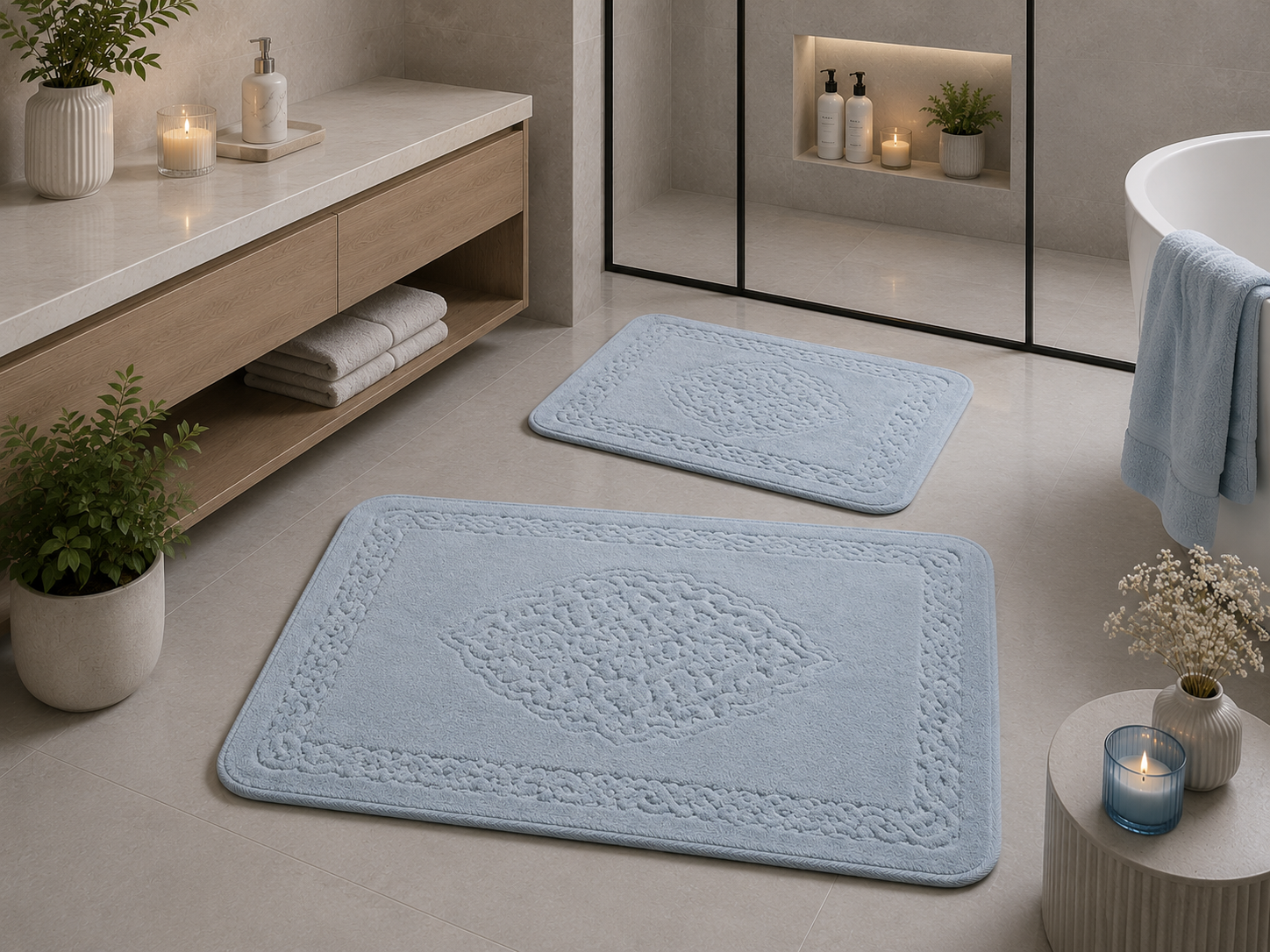 set tropik bleu Set Covorașe Baie 100% Bumbac Arabesc Bleu Tropik - Confort Elegant pentru Baia Ta