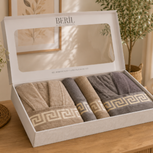 Set cadou premium halate și prosoape din bumbac 100% – 2 halate unisex + 4 prosoape, cutie elegantă cu mâner-SHB-7