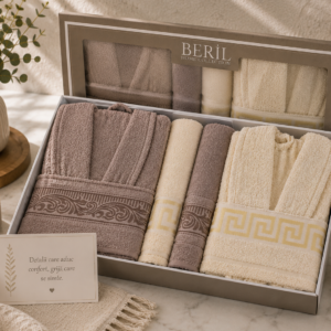 Set cadou premium halate și prosoape din bumbac 100% – 2 halate unisex + 4 prosoape, cutie elegantă cu mâner