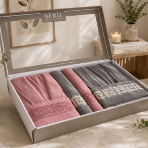 Set cadou premium halate și prosoape din bumbac 100% – 2 halate unisex + 4 prosoape, cutie elegantă cu mâner