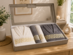 Set cadou premium halate și prosoape din bumbac 100% – 2 halate unisex + 4 prosoape, cutie elegantă cu mâner-SHB-8