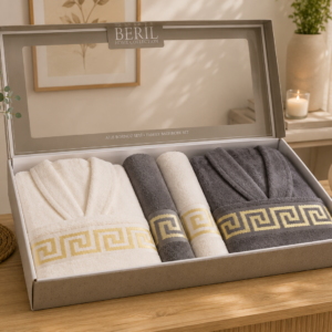 Set cadou premium halate și prosoape din bumbac 100% – 2 halate unisex + 4 prosoape, cutie elegantă cu mâner-SHB-8