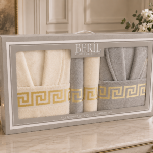 Set cadou premium halate și prosoape din bumbac 100% – 2 halate unisex + 4 prosoape, cutie elegantă cu mâner-SHB-8