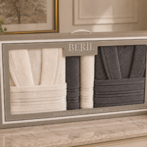 Set cadou premium halate și prosoape din bumbac 100% – 2 halate unisex + 4 prosoape, cutie elegantă cu mâner-SHB-11