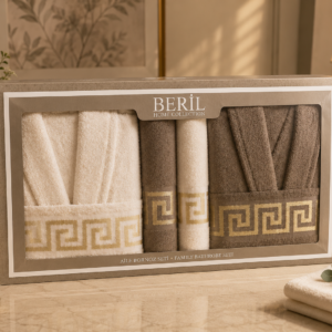 Set cadou halate și prosoape din bumbac 100% – 2 halate unisex + 4 prosoape, cutie elegantă cadou