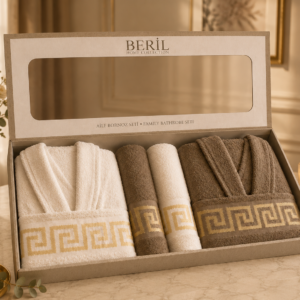 Set cadou halate și prosoape din bumbac 100% – 2 halate unisex + 4 prosoape, cutie elegantă cadou