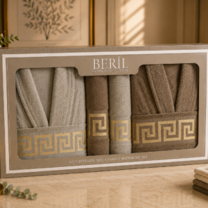 Set cadou premium halate și prosoape din bumbac 100% – 2 halate unisex + 4 prosoape, cutie elegantă cu mâner-SHB-14