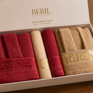 Set cadou premium halate și prosoape din bumbac 100% – 2 halate unisex + 4 prosoape, cutie elegantă cu mâner