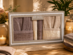 Set cadou premium halate și prosoape din bumbac 100% – 2 halate unisex + 4 prosoape, cutie elegantă cu mâner-SHB-30