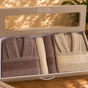Set cadou premium halate și prosoape din bumbac 100% – 2 halate unisex + 4 prosoape, cutie elegantă cu mâner-SHB-30