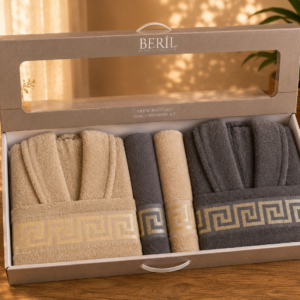 Set cadou premium halate și prosoape din bumbac 100% – 2 halate unisex + 4 prosoape, cutie elegantă cu mâner