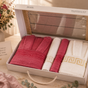 Set cadou halate și prosoape din bumbac 100% – 2 halate unisex + 4 prosoape, cutie elegantă cadou