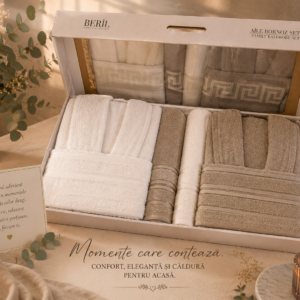 Set cadou premium halate și prosoape din bumbac 100% – 2 halate unisex + 4 prosoape, cutie elegantă cu mâner-SHB-2